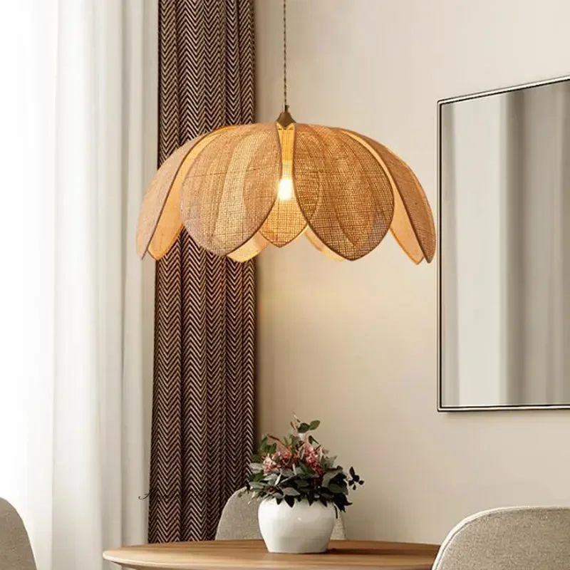 Modern Chinese Style Natural Rattan Petal Pendant Lights Designer Handmade Gloss Living Room Dining Room Lamps Simple Home Decor