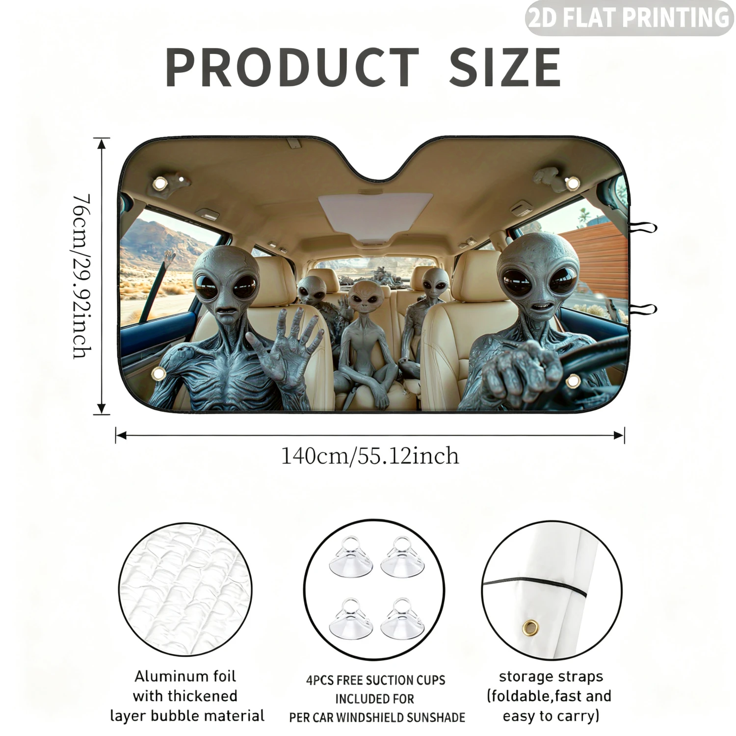1pc Universal Car Windshield Sunshade, With Aliens Sitting In Car Interior 2D FLAT Printing Design, Sunshade With 4 Suction Cups