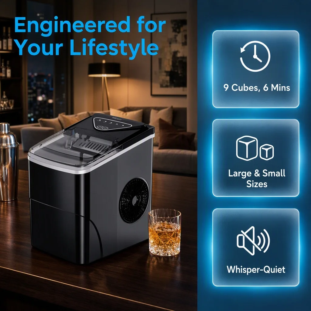 Countertop Ice Maker, 9 Ice Cubes in 6 Mins, 26 Lbs in 24 Hrs, Compact Ice Machine with Ice Basket & Scoop, 2 Ice Sizes, Self-Cleaning Ice Maker for Home/Party/Office/Bar/Dorm