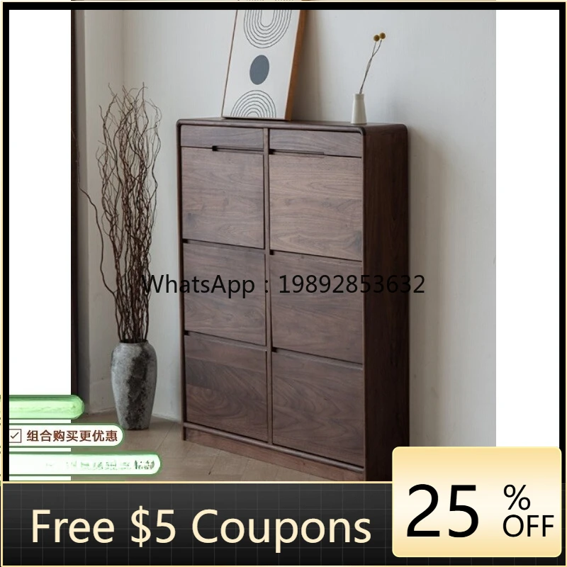 O3-17 Black walnut door against the wall ultra-thin tipping bucket shoe cabinet narrow 20cm all solid wood household shoe rack