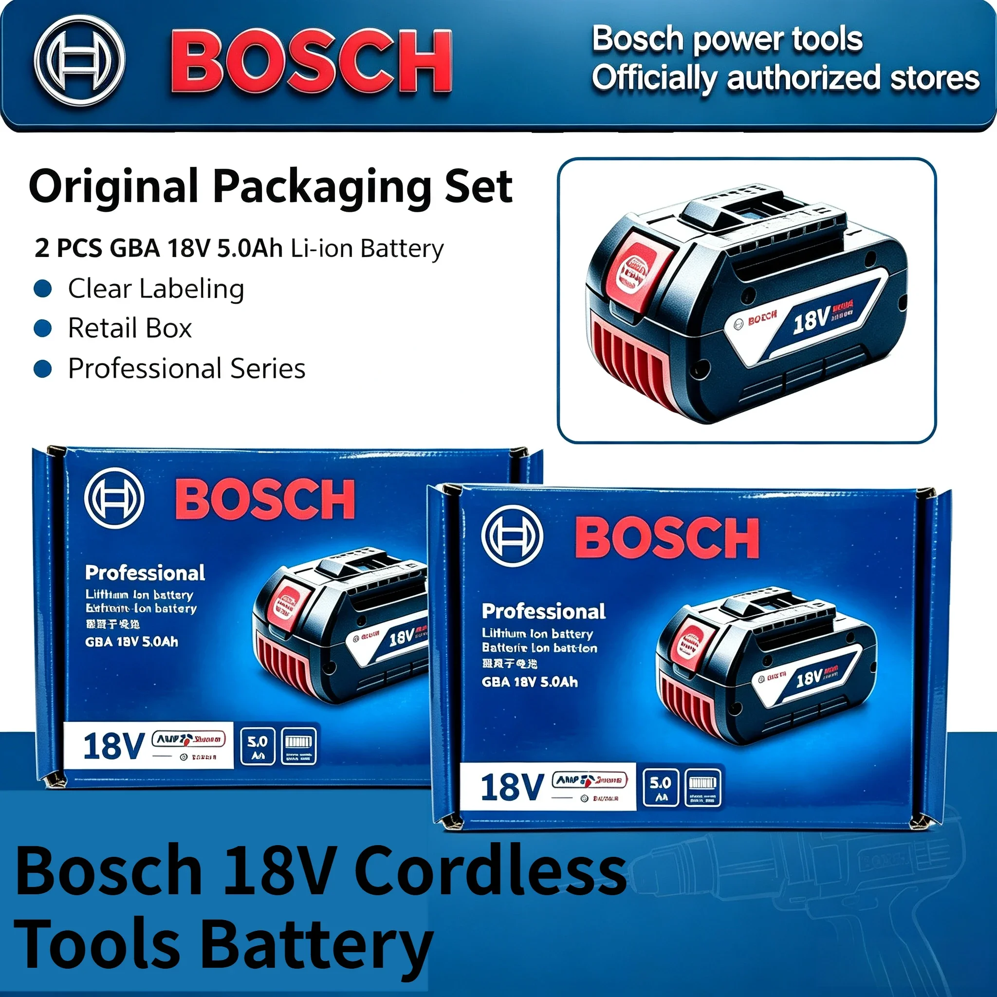 18V BOSCH 5.0Ah 6.0Ah High Capacity Battery, Long Lasting Professional Wireless System, Replacement for BAT609 BAT618 GBA18V80