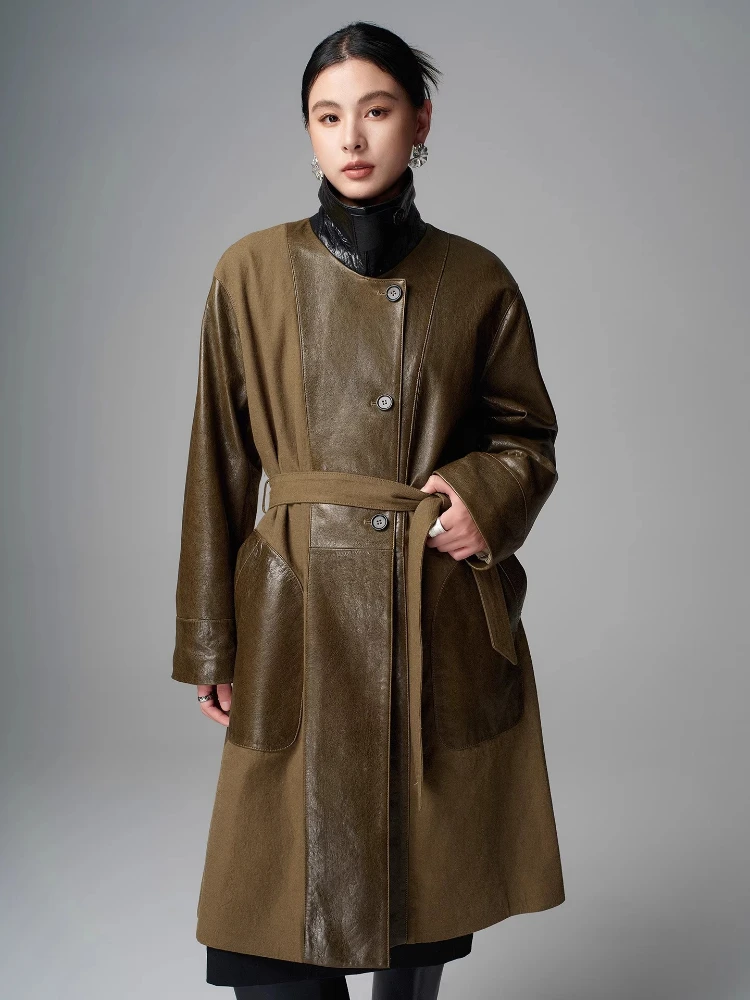 

Patchwork Genuine Leather Jackets for Women Autumn Winter 2026 New High-end Simple Long Real Sheepskin Trench Coat with Belt