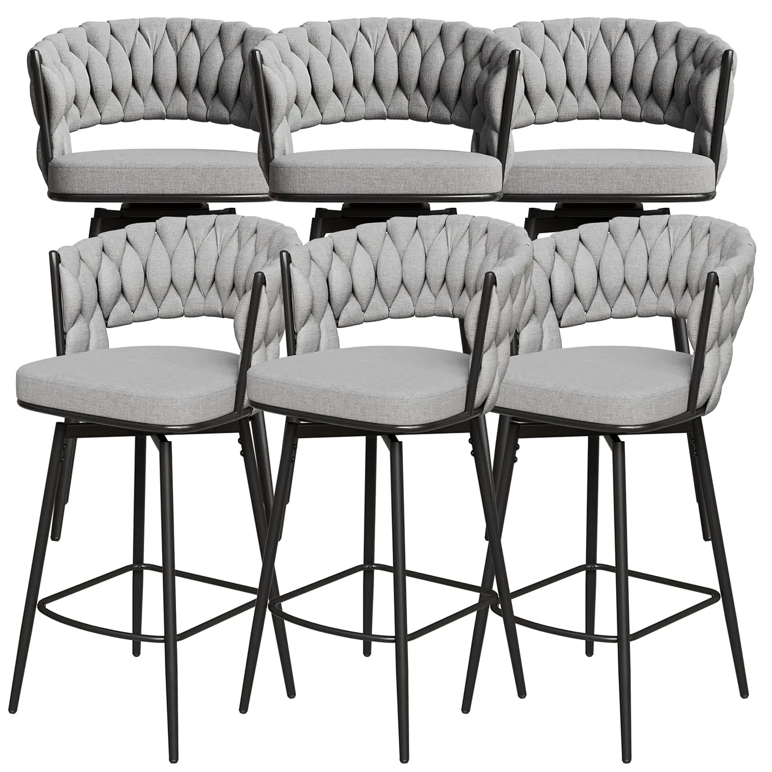 

360° Swivel Bar Stool Set of 6 Padded Seat Back Metal Frame Kitchen Island Bar Dining Pub Grey, Customized