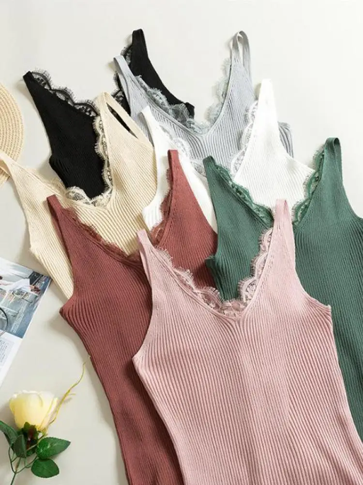 

2024 Women Hook Flower Lace Tank solid Stitching V-neck Camis Female Knitted Short Slim Sleeveless Shirt Tank Casual Tops