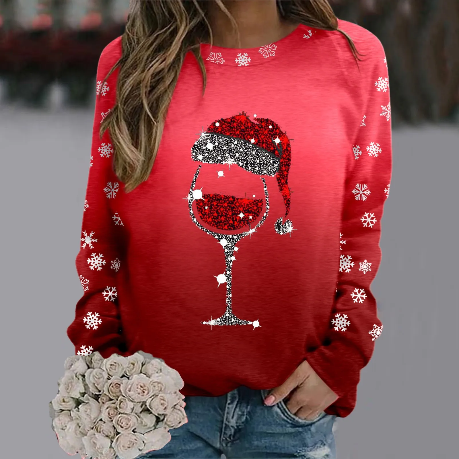 Suéter degradado de Navidad para mujer, moda Otoño Invierno, copo de vino con estampado de copo de nieve, sudaderas informales de manga larga con cuello redondo