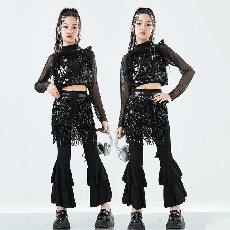 Roupa de palco infantil para dança de jazz, colete preto com lantejoulas, calças largas, fantasia de performance de passarela, roupas de dança de rua kpop 3281