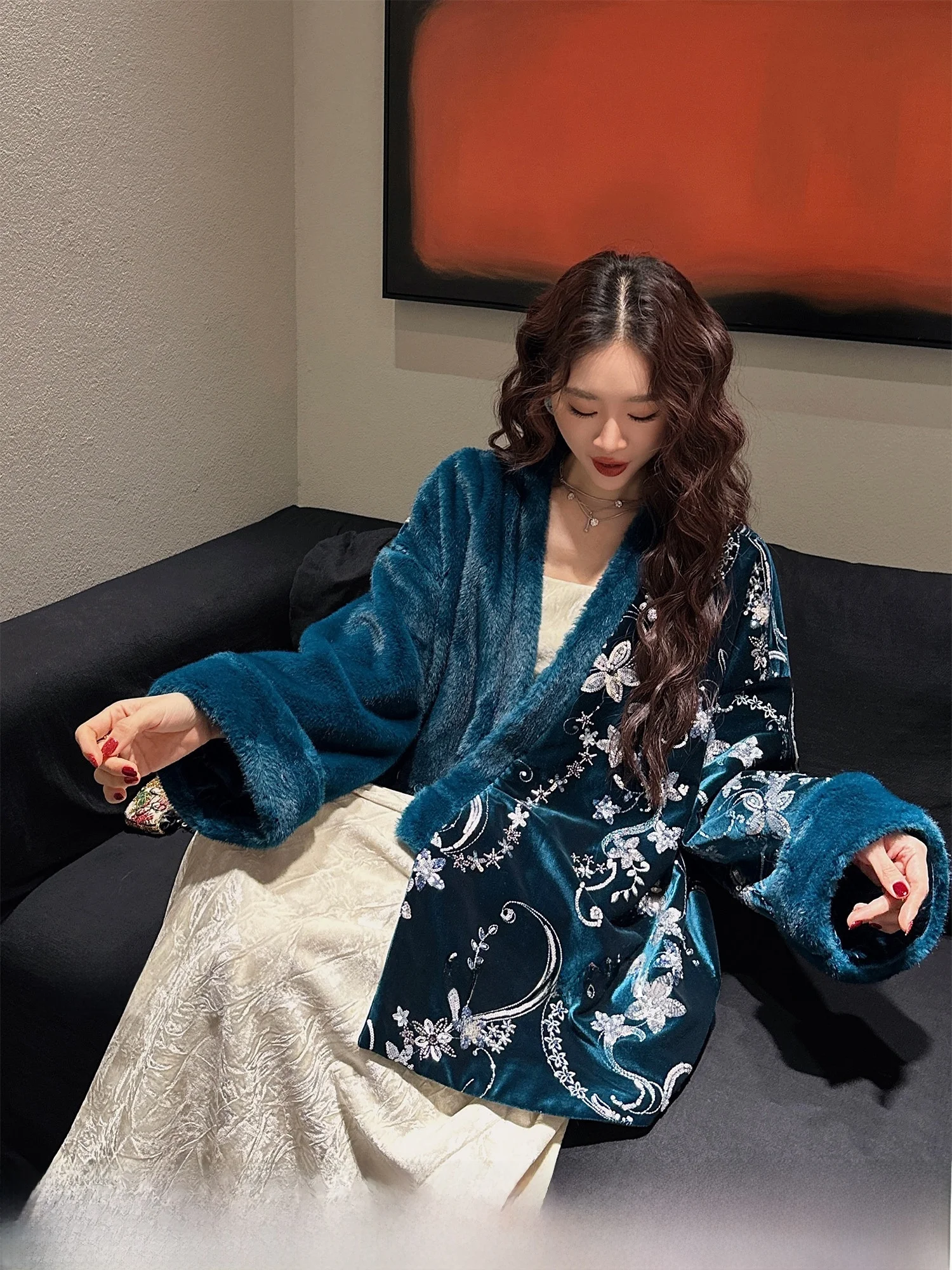 

Sanji Bla Flower New Chinese Sle Thiened Splicing Jaet Women's Cotton Coat Embroidered Beads Winter Faionable Top