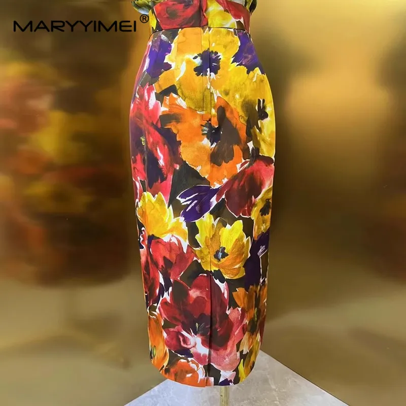 MARYYIMEI Fashion Runway Designer Women\'s 2024 Spring New Scarf Collar Printed Silk Shir+Split Silk Hip Wrap Skirt 2-Piece Set