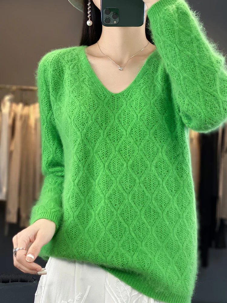 100% visone maglione di cashmere pullover con scollo a V da donna primavera autunno nuovo top lavorato a maglia maglione a maniche lunghe allentato abbigliamento coreano vuoto