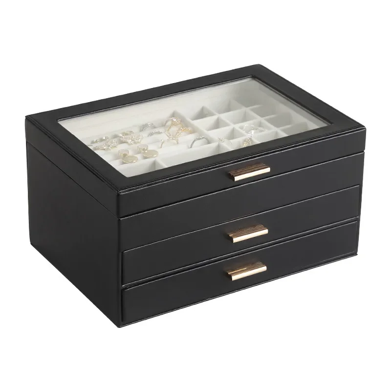 3-Layer Rack Jewelry Box,PU Leather Jewelry Organizer,Women Jewelry Boxes with 2 Drawers Large Storage Box for Earring Necklaces