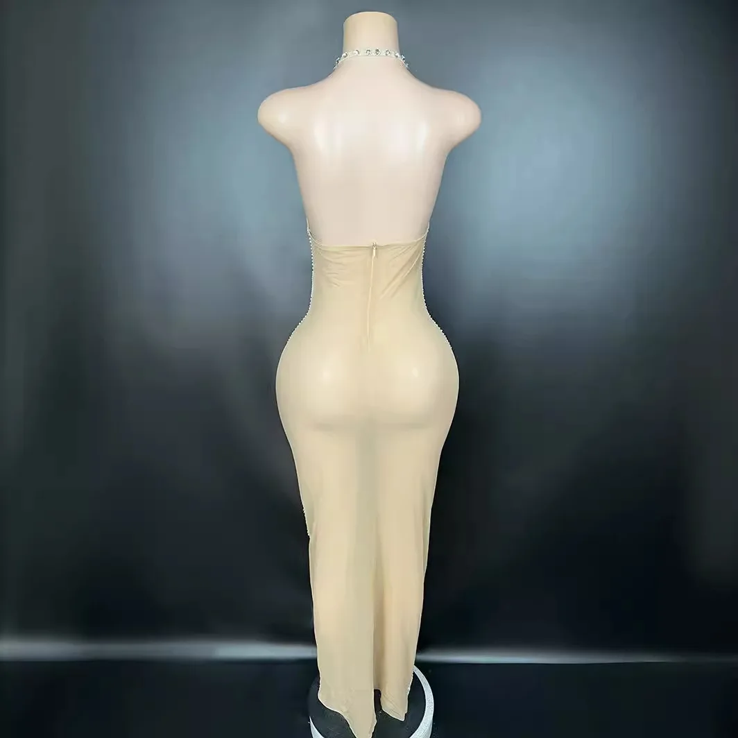 Woman'Sexy Prom Dresses Hand Drilling Neck Hanging Backless Long Dress Temperament Celebrity Walking On The Red Carpet SameStyle