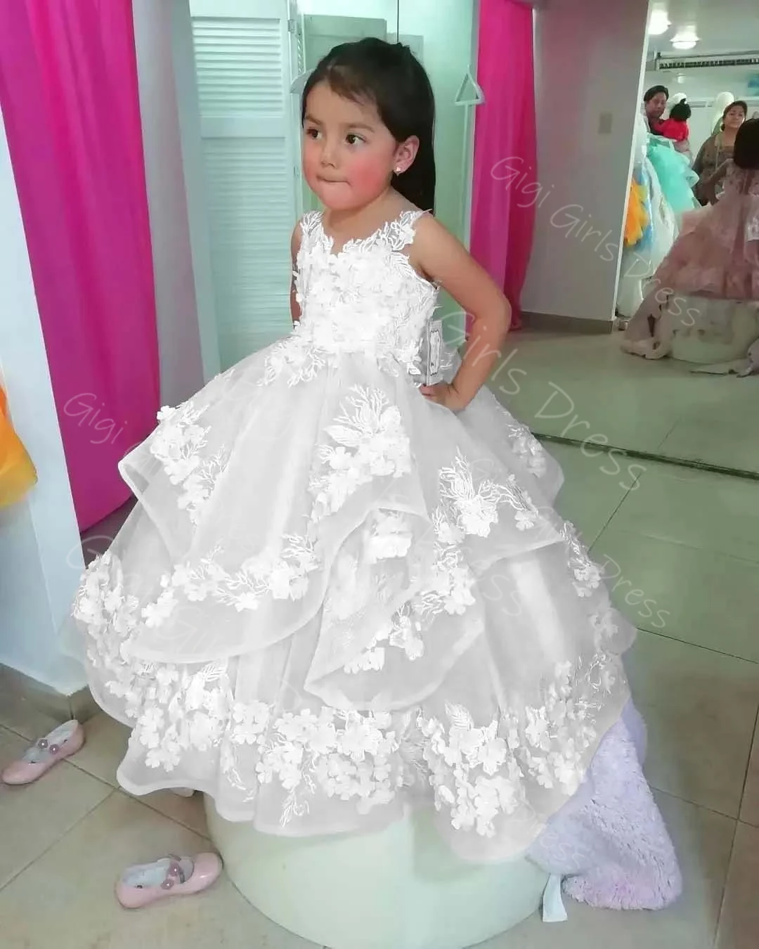 فستان الأميرة الوردي للفتيات جوهرة الرقبة بلا أكمام الدانتيل يزين المتدرج تول زهرة فتاة فستان مخصص حفلة الكرة ثوب