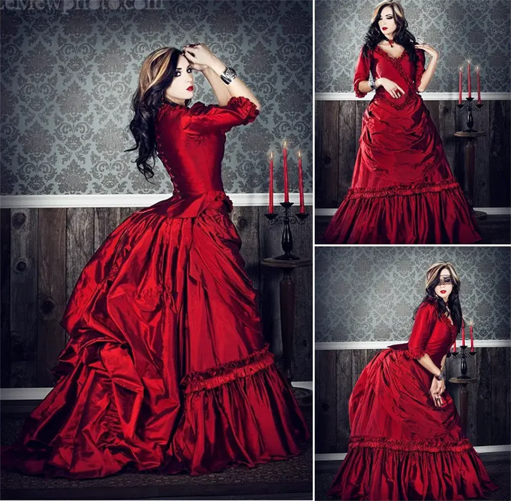 Vitoriano gótico steampunk vermelho agitação vestido vampiro mina harker drácula cosplay traje vestido de casamento sul belle vestido de baile