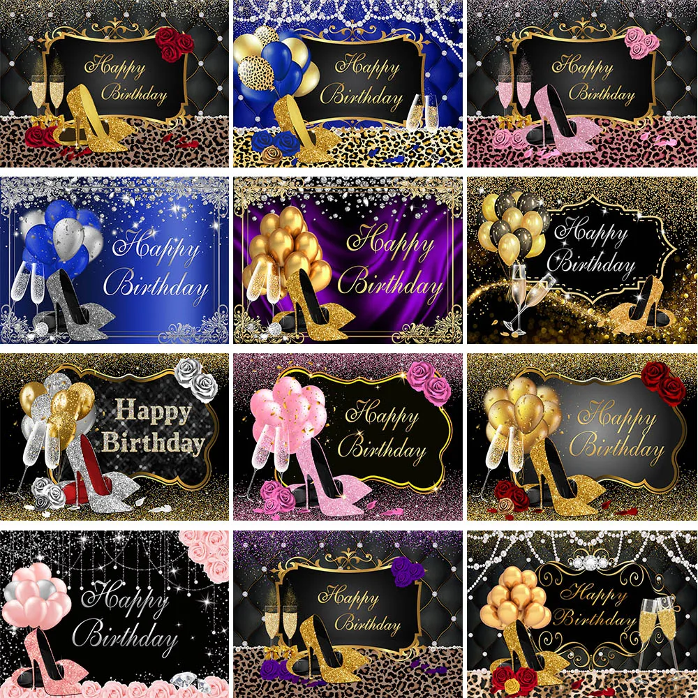 

Mocsicka Women Birthday Party Backdrop Decor Balloon High Heel Glitter Happy Birthday Photography Backdrops Custom Banner Poster