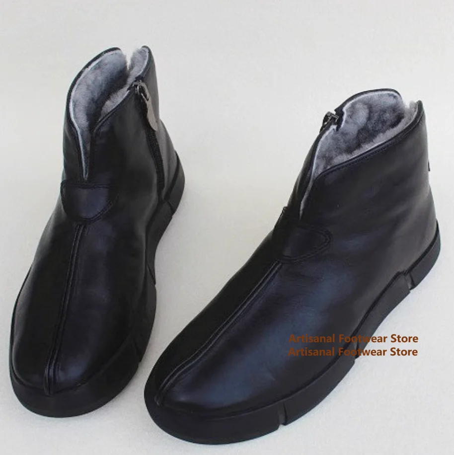 Botas altas para hombre de cuero negro con cremallera lateral de piel de oveja botas cálidas antideslizantes integradas hechas a mano de cuero genuino para hombre