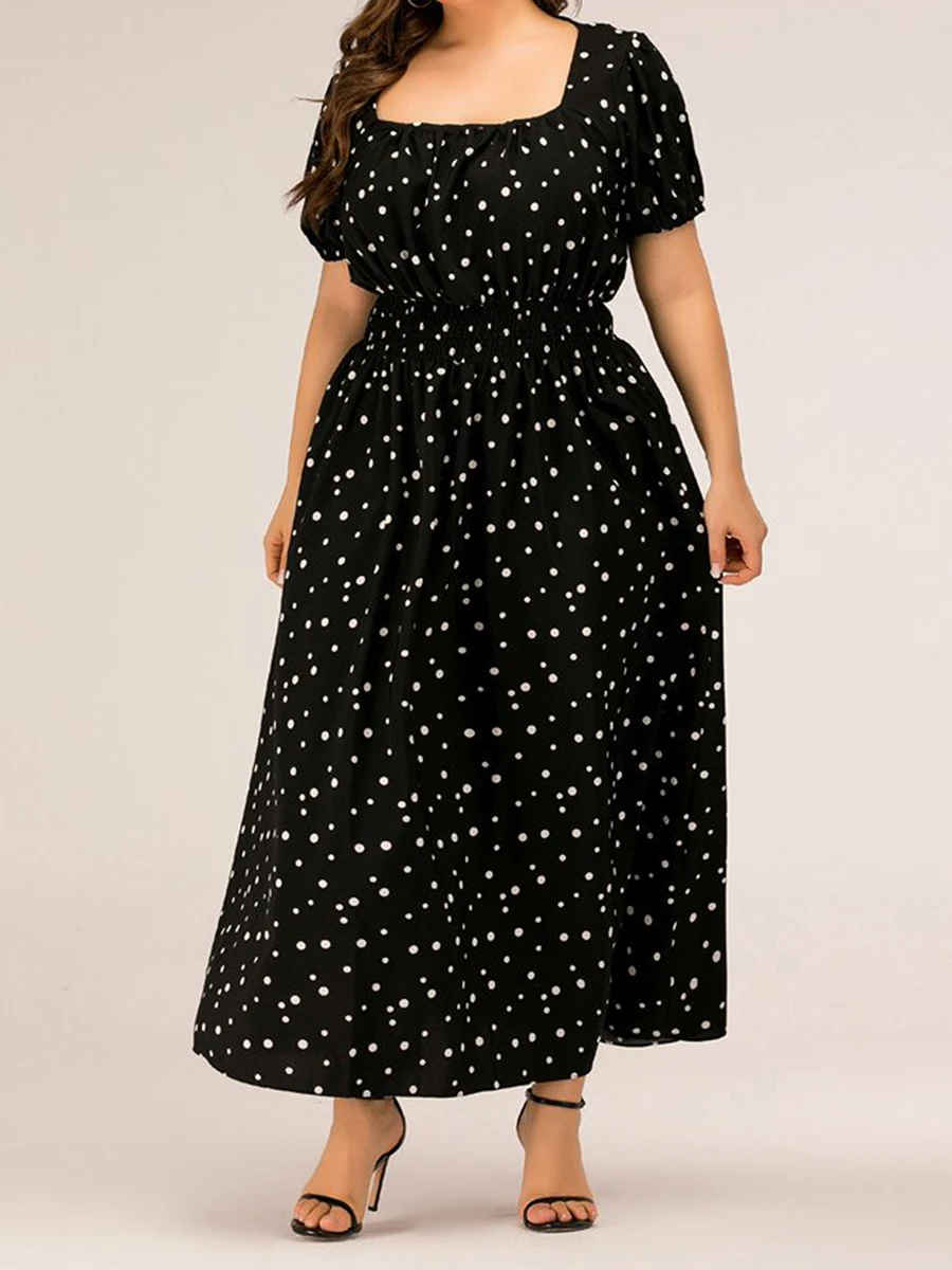 

Women's Long Dress 2025 Fashion Sexy Ladies Elegant Short Sleeve Square Neck Dots Print Loose Summer Casual Plus Size Dresses