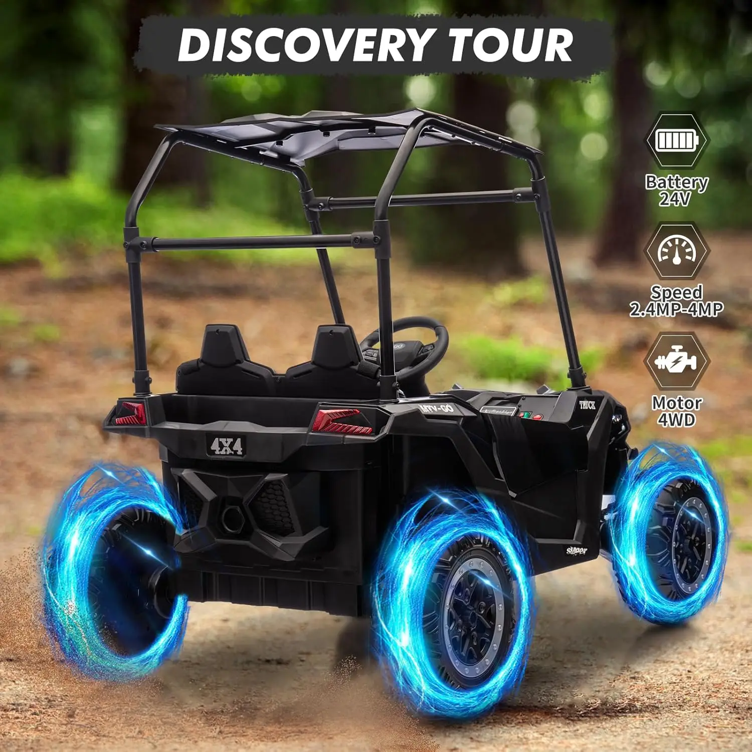 Voiture pour enfants 24V 2 places avec télécommande, camion électrique 4WD avec pare-soleil, jouet tout-terrain UTV avec choc à 4 roues