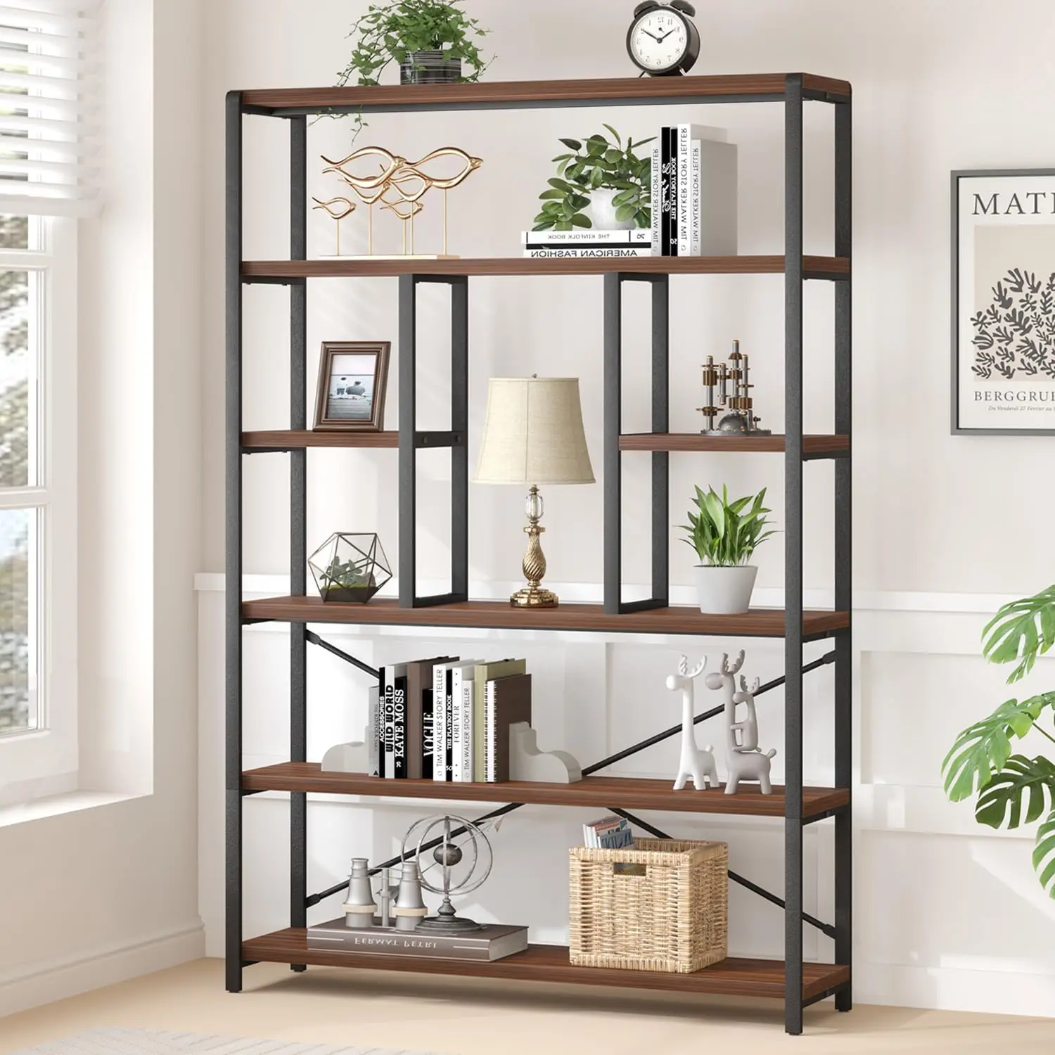 

LVB 6 Tier Tall Bookshelf, Wood Metal Bookcases and Book Shelves 6 Shelf, Industrial Large Wide Etagere Book Shelf for Living