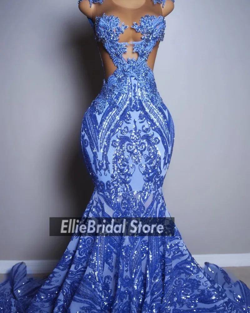 Dusty Blue Prom Dresses 2025 Crystal Sheer Neck Sequin Mermaid Party Dress Rhinestone African Evening Gowns Customized