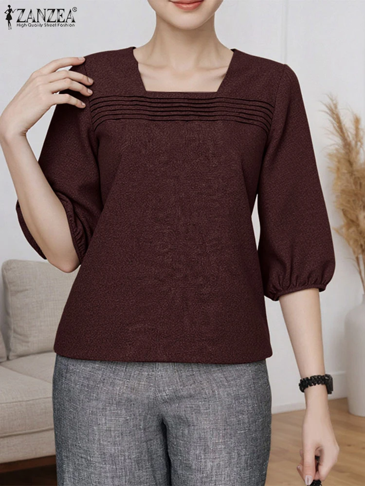 เสื้อเชิ้ตคอเหลี่ยม ZANZEA รุ่น Autumn ปี 2025 เสื้อผู้หญิงลำลองทรงหลวม แขนทรงโคมไฟ 3/4 แฟชั่นวินเทจ สีพื้น