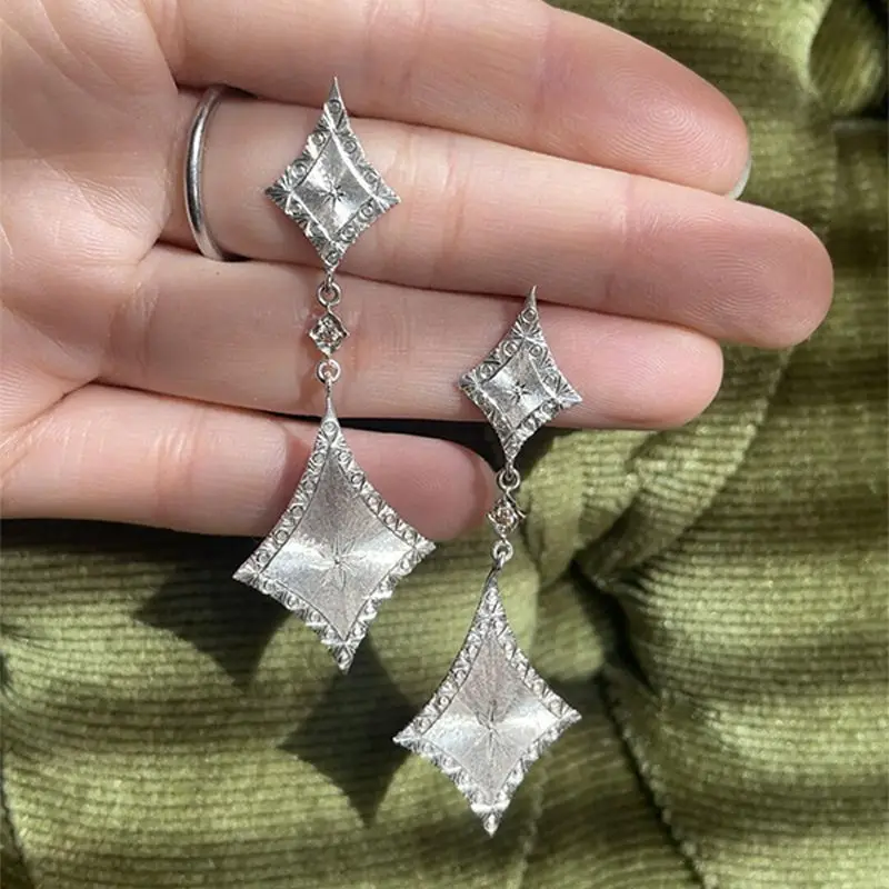 Unique Design Brushed Crystal Rhombus Dangle Earrings for Women Vintage Romantic Geometric Drop Earring Wedding Jewelry Gifts