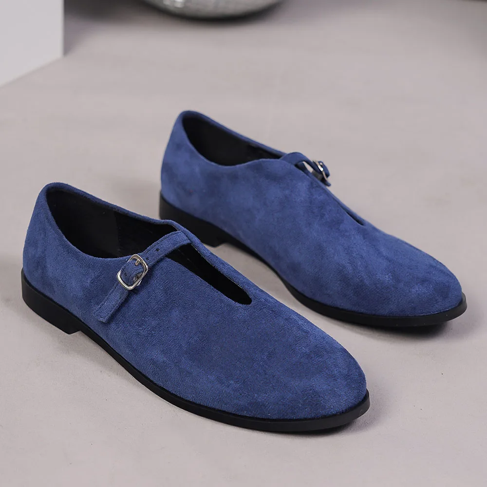 Ballerine da donna nuove di zecca, taglia 42, colore blu floccato, con cinturini con fibbia, punta tonda, modello Mary Jane, scarpe basse da ballo, perfette per tutti i giorni._voghion.com