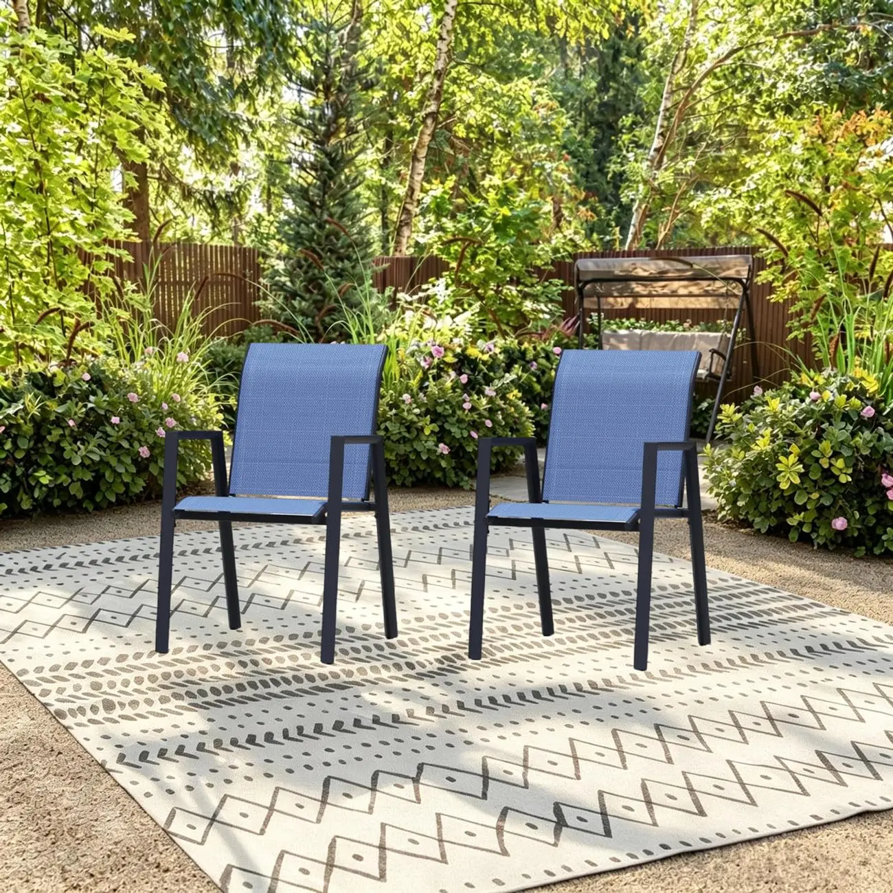 Stackable Patio Chairs Set of 2, Outdoor Dining Chairs with High Back & Metal Frame, Lightweight Sling Chair for Lawn
