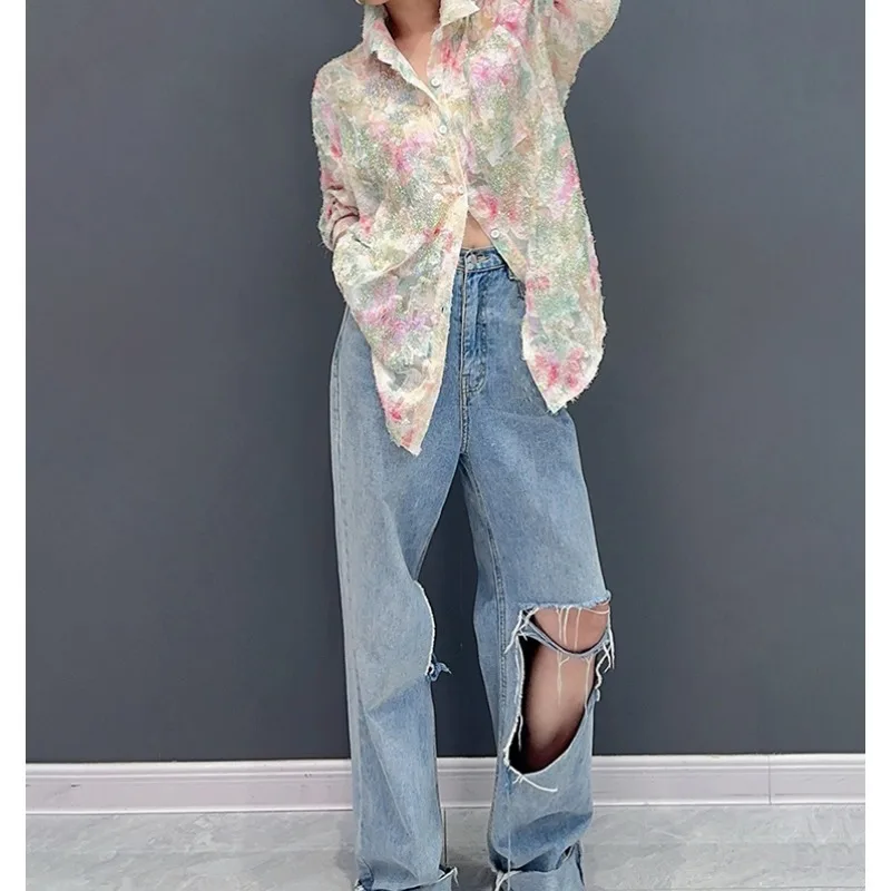 2024 summer new butterfly color block fashion beach all-match blouse single casual large blouse for women