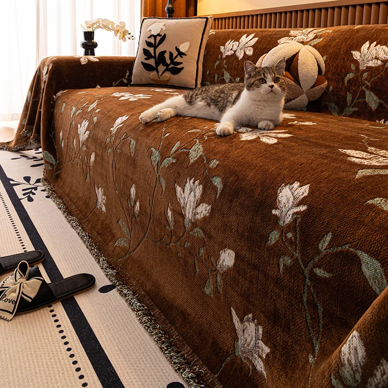 Jacquard Floral Sofa Cover Thick Plush Full‑Coverage Sofa Slipcover Anti‑Slip Pet‑Proof Couch Protector for Living Room Decor