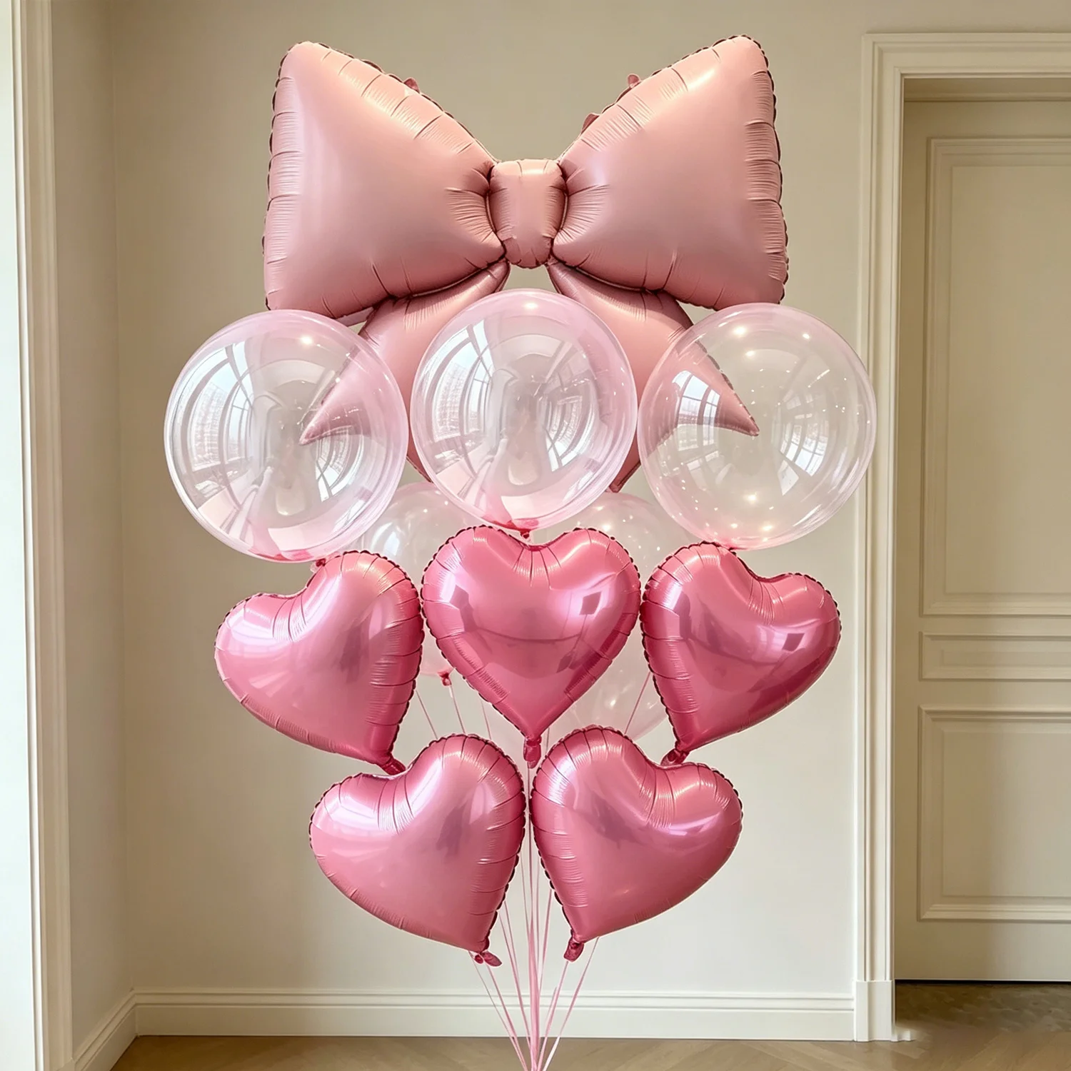 6 Stück rosa Liebesherz-Schleifenfolienballons, runde rosa Bobo-transparente Ballons, geeignet für Geburtstag, Hochzeit, Party, Dekorationszubehör