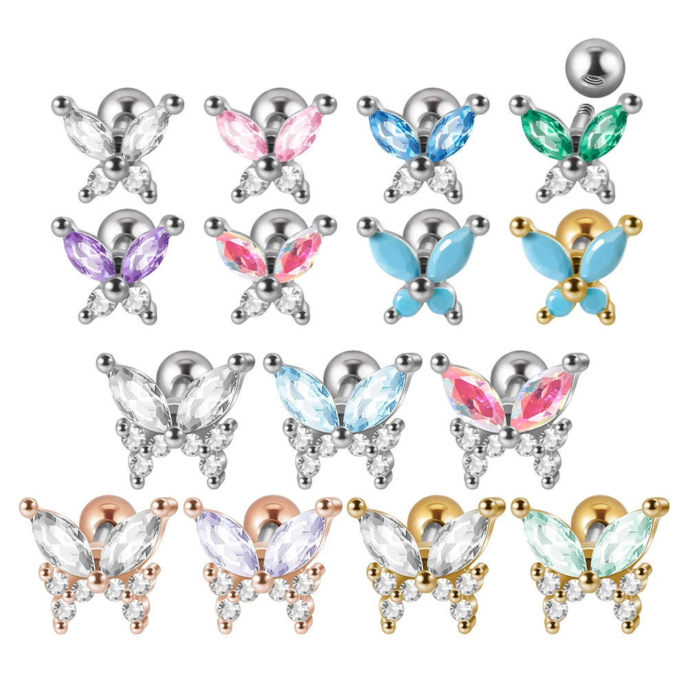 1Pc Surgical Steel Butterfly Helix Cartilage Earring Stud Cute CZ Gem Orbital Tragus Piercing Body Jewelry For Women Children