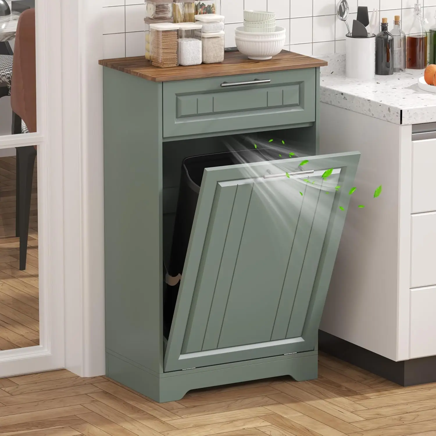 Single 10 Gallon Tilt Out Trash Can Cabinet with Deodorizing Function, Wooden Hidden Garbage Can Holder with Storage Drawers