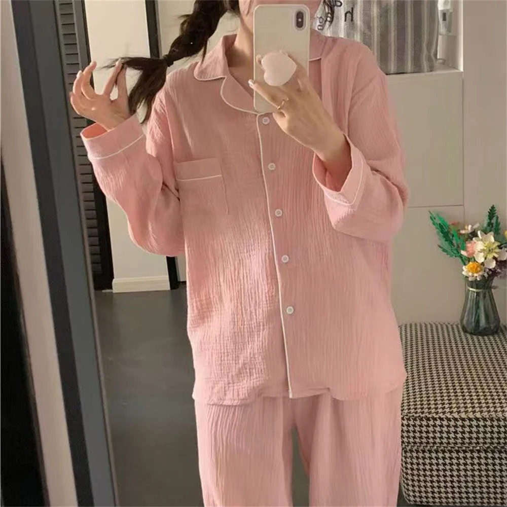 Women\'s Pajamas Sleepwear Set Solid Color Buttons Cardigan Long Sleeve Homewear Casual Home Suit Pijamas Set for Woman