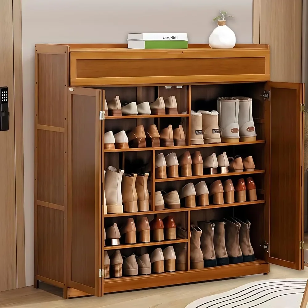 Bamboo shoe cabinet, independent shoe rack, shoe cabinet with doors and detachable shelves,entrance,living room, corridor,closet