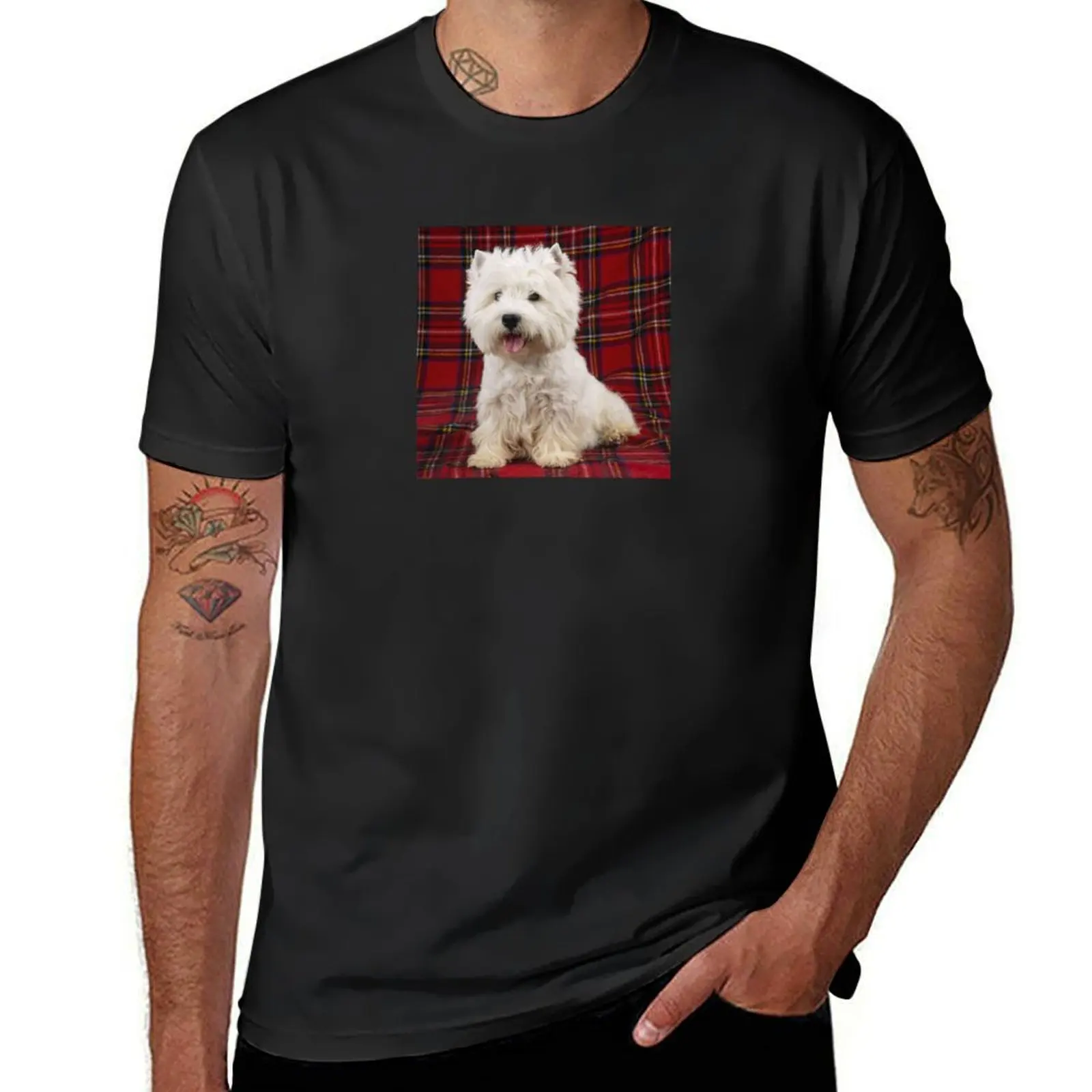 

West Highland White Terrier on a Scotch Plaid T-Shirt blacks summer top Men's t-shirts