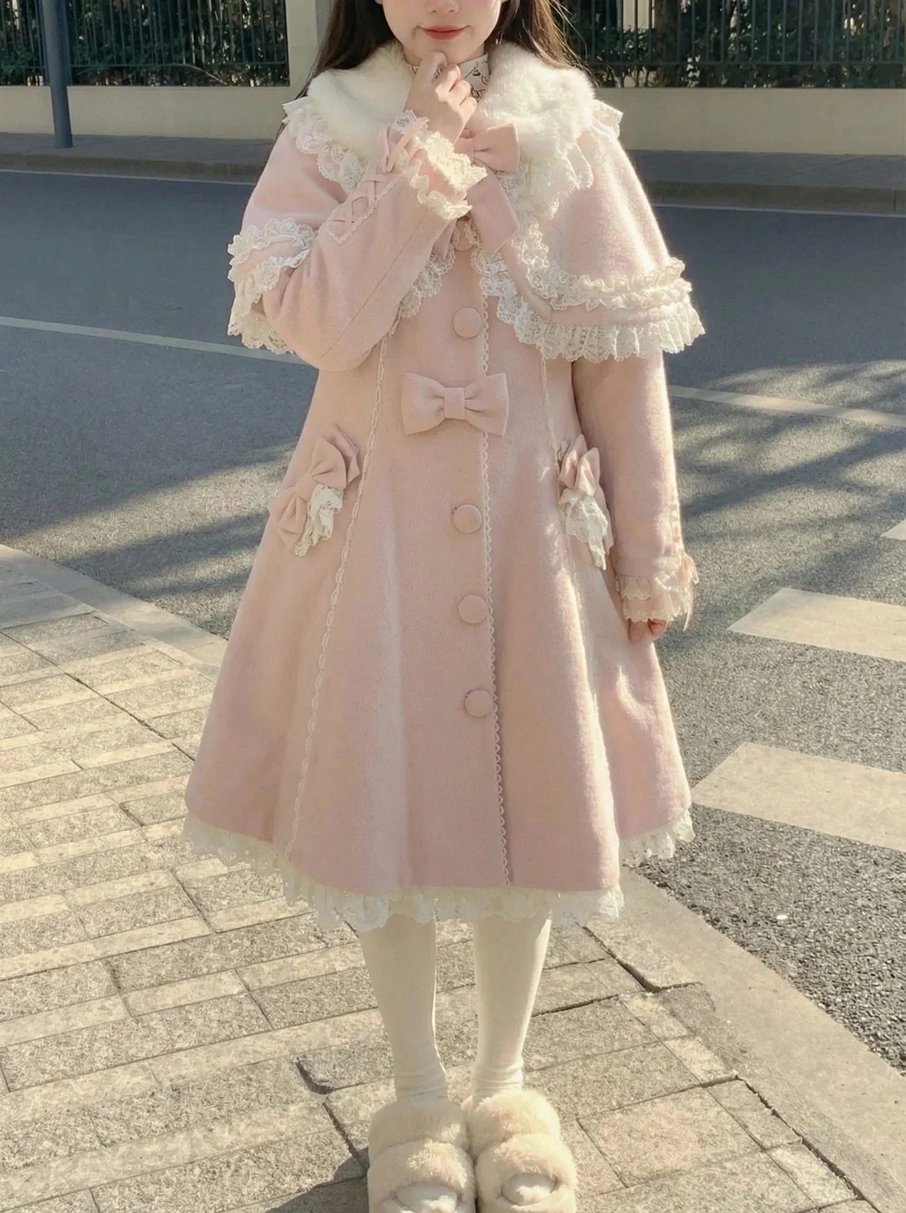 Japanese Lolita Ladies Coat Sweet and Fresh Kawaii Gentle Bow Lace Tweed Coat Autumn and Winter Daily Versatile Outerwear Jacket
