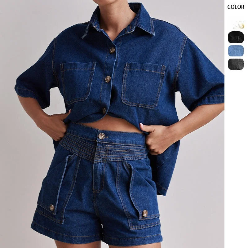 

Faionable Loose Denim orts Set for Women Spring 2025 Casual Retro Sle Color Blo Design Mid-aged Women's Clothing