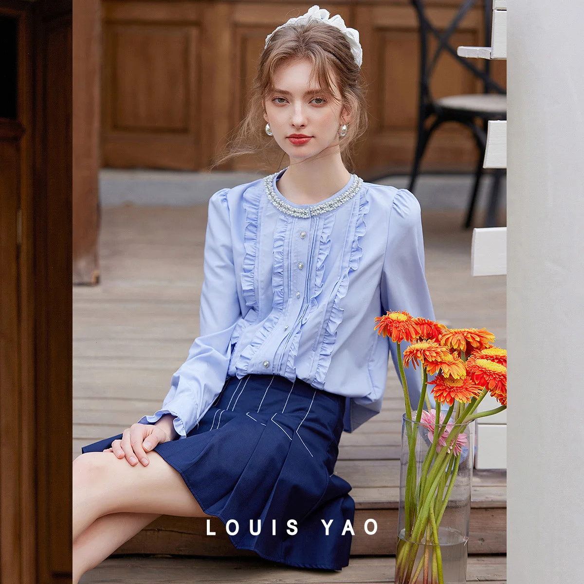 

Edible Tree Fungus Patchwork Shirt 2025 Spring Beading Round Neck Women's Shirt Single Button Long Sleeve Tops for Women