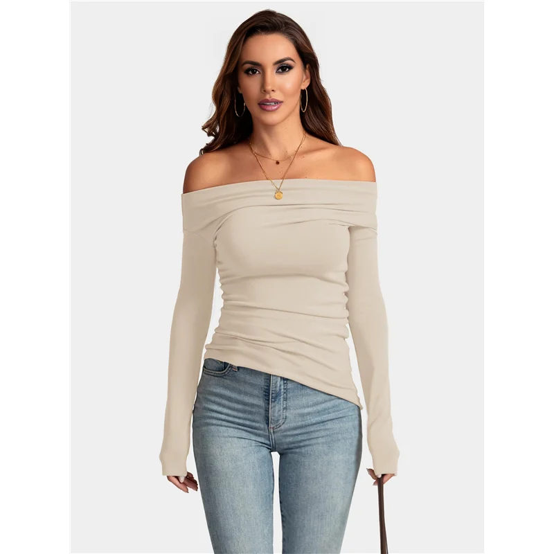 

AG-Women's Off Shoulder Tops Dressy Long Sleeve Asymmetrical Slim Fit Going Out Fall Blouse Ruched Shirts