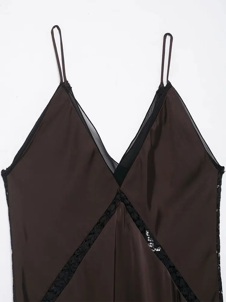 فستان NLZGMSJ نسائي مثير أنيق من الدانتيل البني غير متماثل برقبة على شكل V فستان حفلات بدون ظهر موضة خريف 2025 فستان سهرة #3