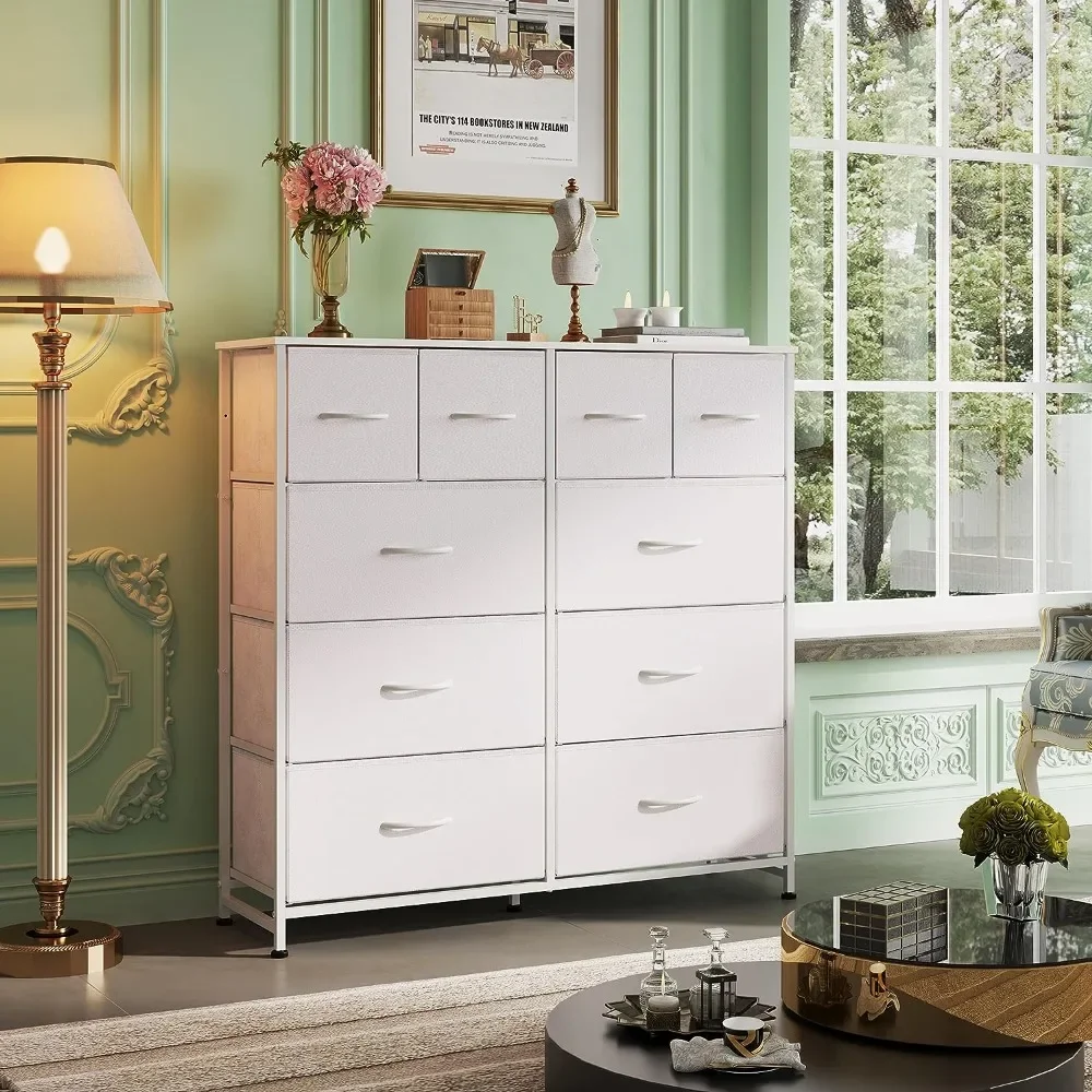 Fabric Dresser for Bedroom, Storage Drawer Unit,Dressers with 10 Deep Drawers for Office,White Vanity Desk