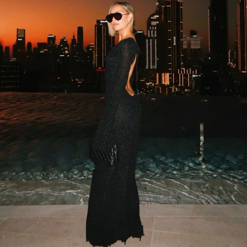 Lantejoulas de malha de seda maxi vestido feminino elegante sexy decote em v manga alargamento rendas até sem costas bodycon festa longo robe roupas de férias