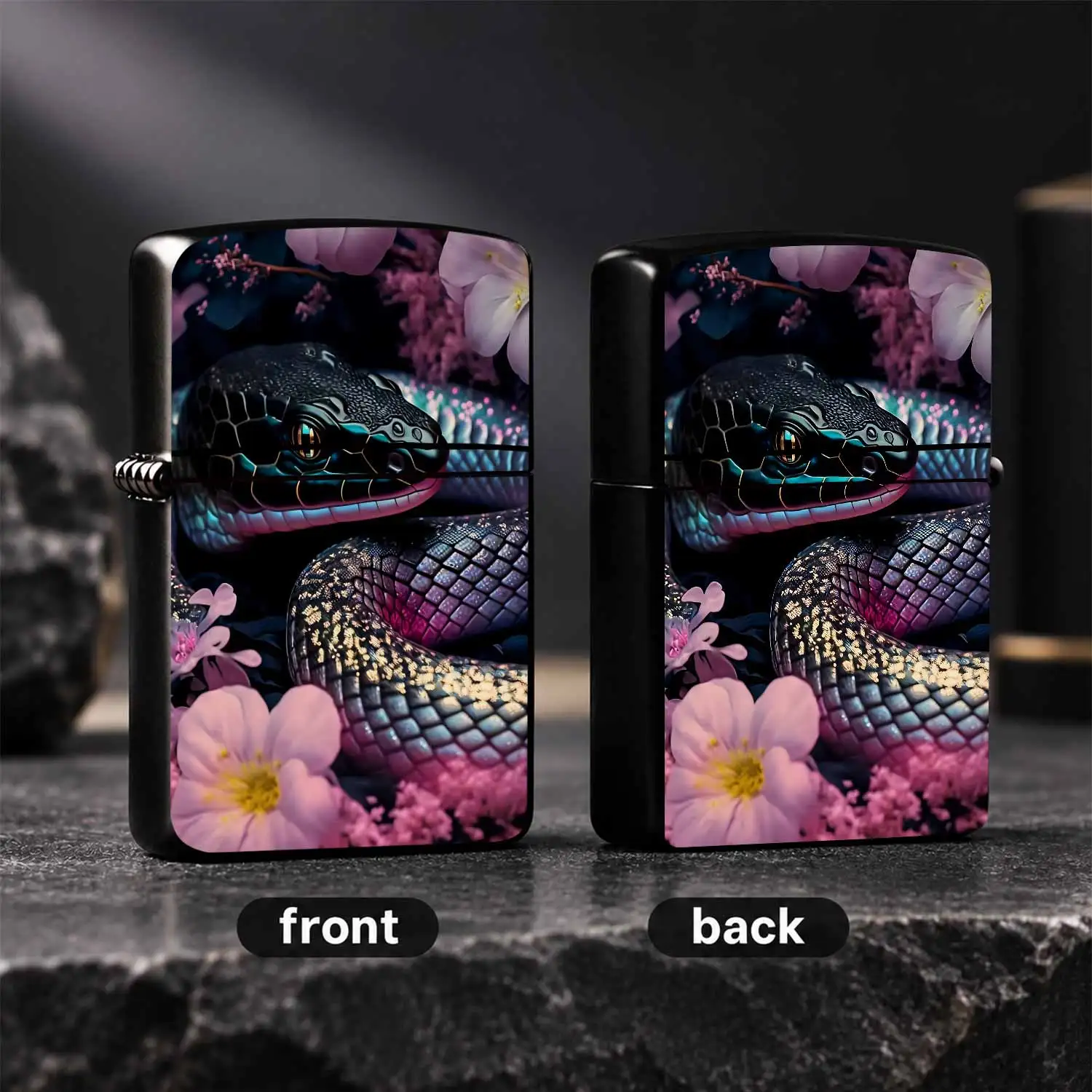 Exquisite Fantasy Black Snake Pattern Lighter, Delicate Pink Floral Jungle Art Decor, Portable Stylish Daily Carry Item, Unique Aesthetic Collectible, Practical Versatile Present for Different Occasions to Your Family an A Humorous And Inte
