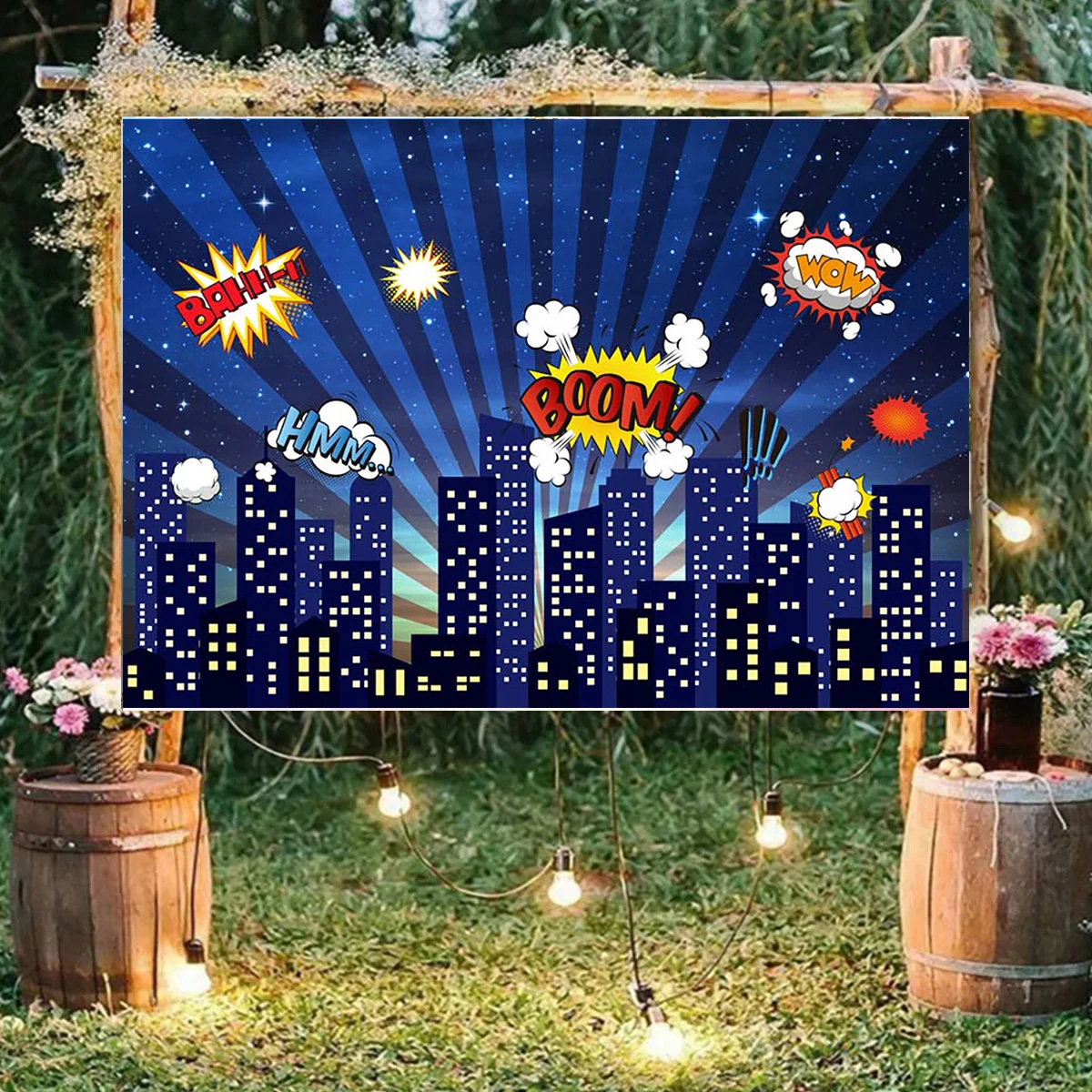 Superhero Themed Birthday Party Backdrop Photo Booth  Night Sky Glitter Stars City Buildings Kids Cartoon Photography