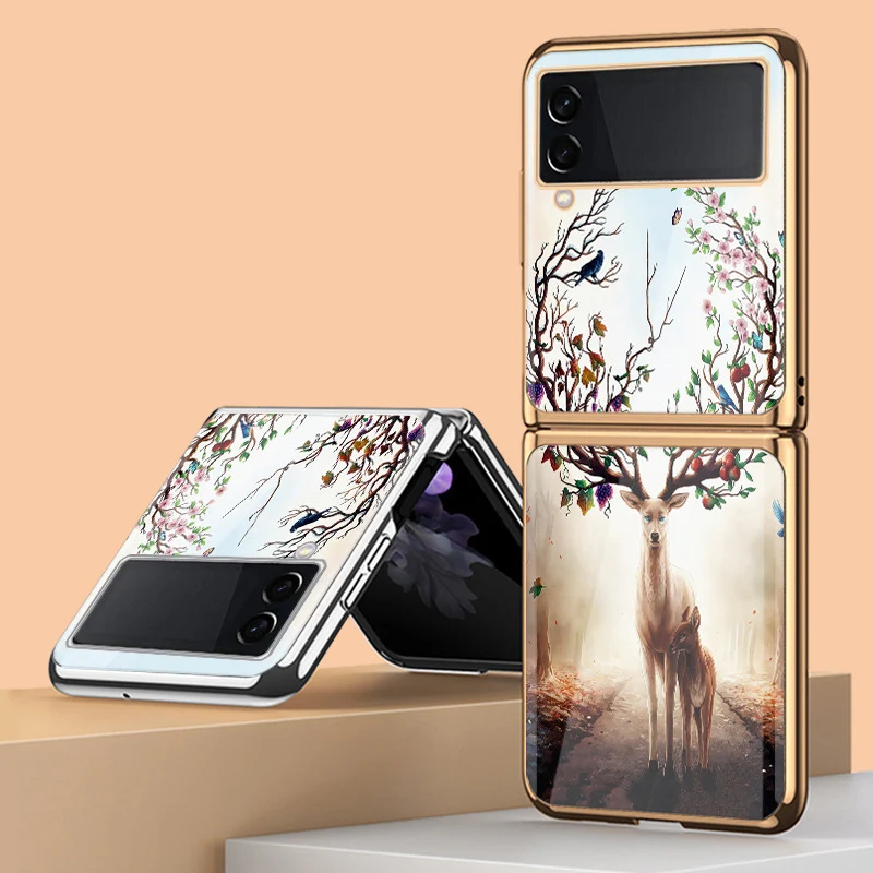 Z Flip 4 Funda Case for Samsung Galaxy Z Flip 4 Z Flip 3 2 Color Elk Plating Tempered Glass Coque Protection Phone Case Cover