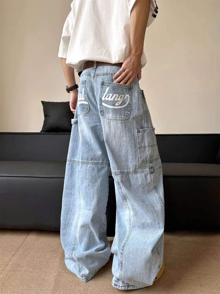 

Washed Denim Jeans Men's Hip Hop Retro American Letter Print Pocket Loose Wide Leg Knife Workwear Bamboo Node Pattern