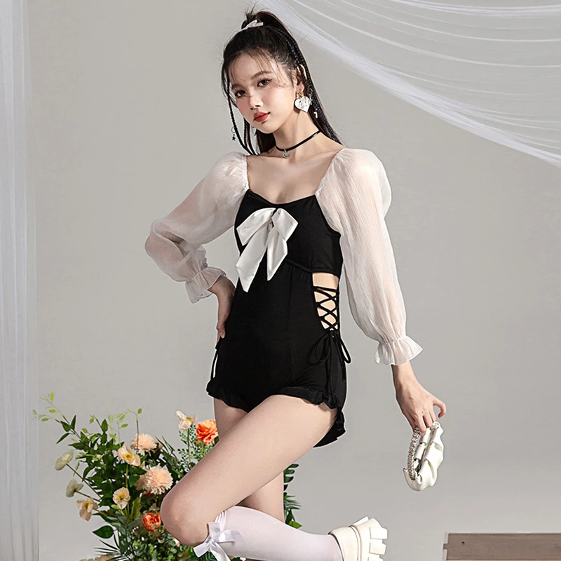 2024 Summer Black Bow Long Flare Sleeve Conservative One Piece Swimsuit Slimming Hollow Out Bandage Backless Holiday Beachwear