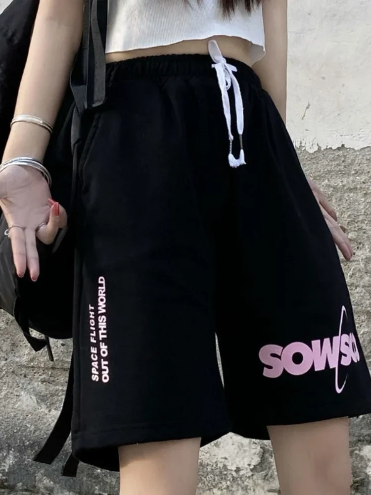 Black Women Shorts Summer 2025 High Waist Casual Printed Knee Length Pants Female