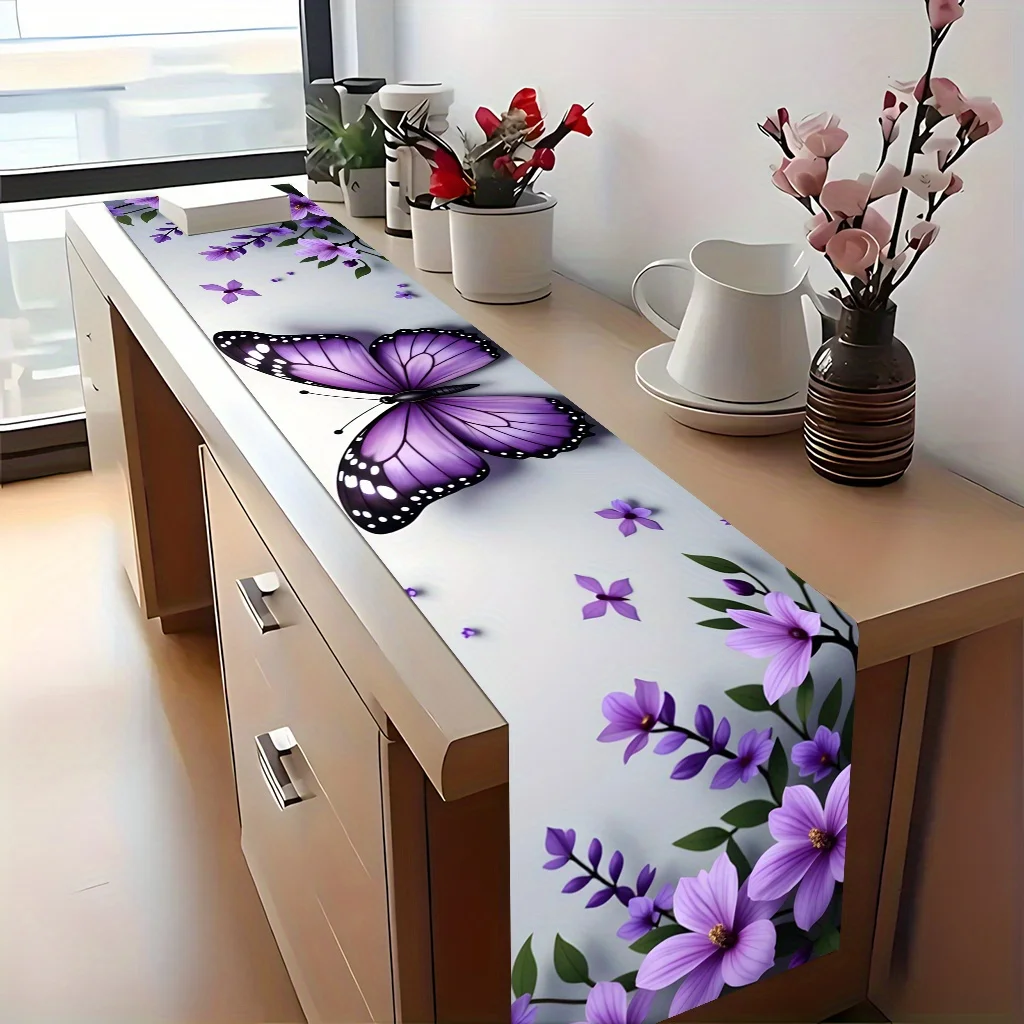 Romantic Purple Butterfly on Flower Table Runner - Sweet Blossom Motif Decoration for Dining Coffee Table TV Stand Party