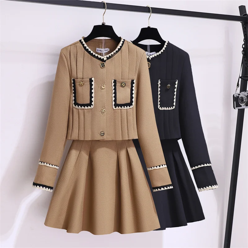 

Autumn Winter Tweed Skirt Suit High Quality Women Single Breasted Short Jacket Coat + Ball Gown Mini Skirt Female 2 Piece Set